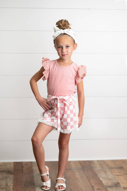 Girls Pink Lace Checkered Ruffle Short Set