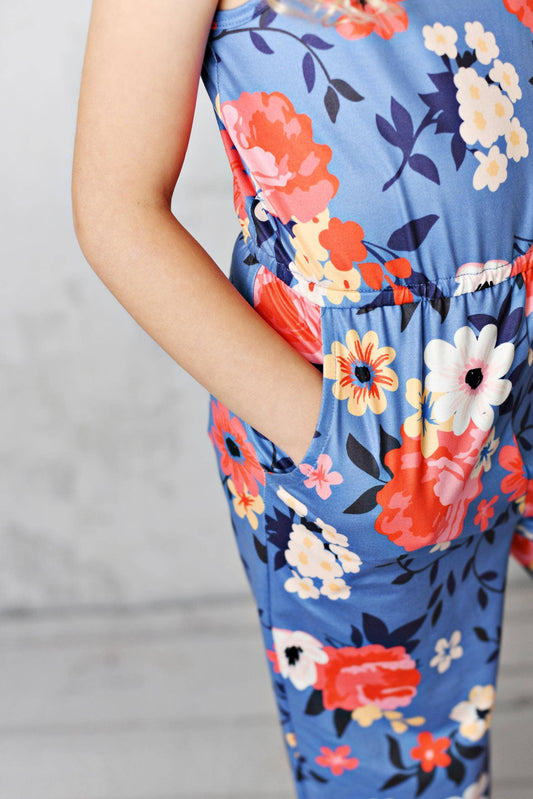 Kids Blue & Coral Floral Spring Summer Jumpsuit With Pockets
