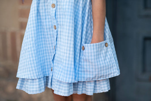 Kids Blue & White Gingham Check Pocket Dress