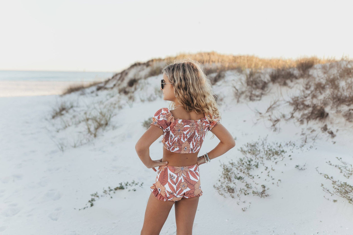 Kids Tan Tropical Print 2 Piece Swimsuit