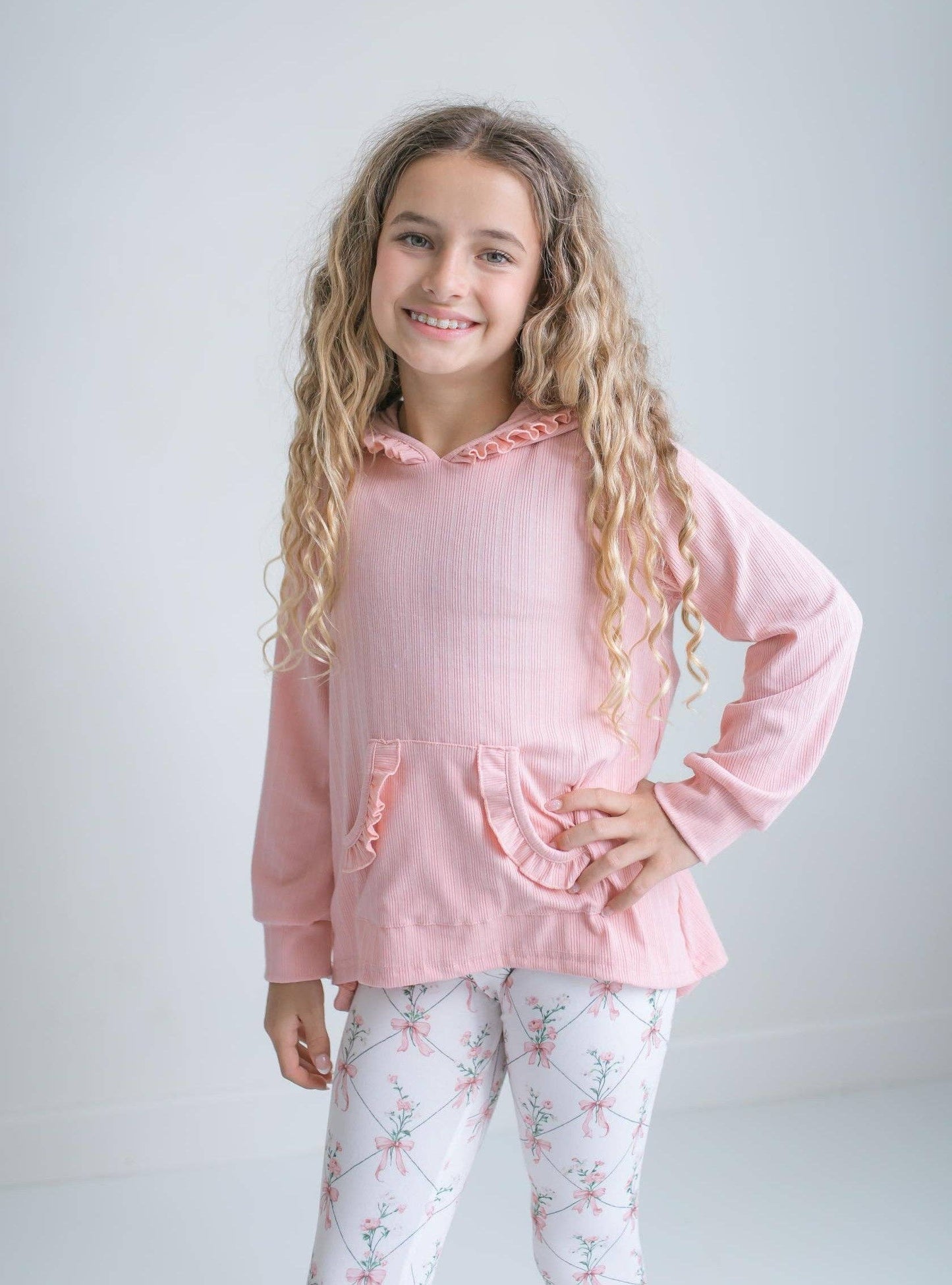 Girls Pink Ruffle Hi Lo Hoodie & Coquette Bow Legging Set