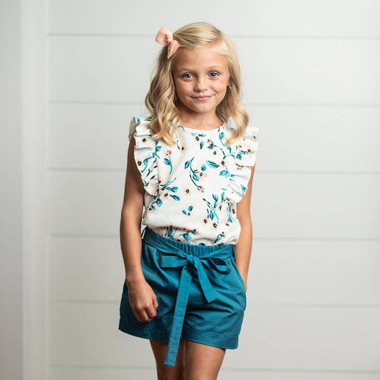 Kids White & Teal Floral Short Set