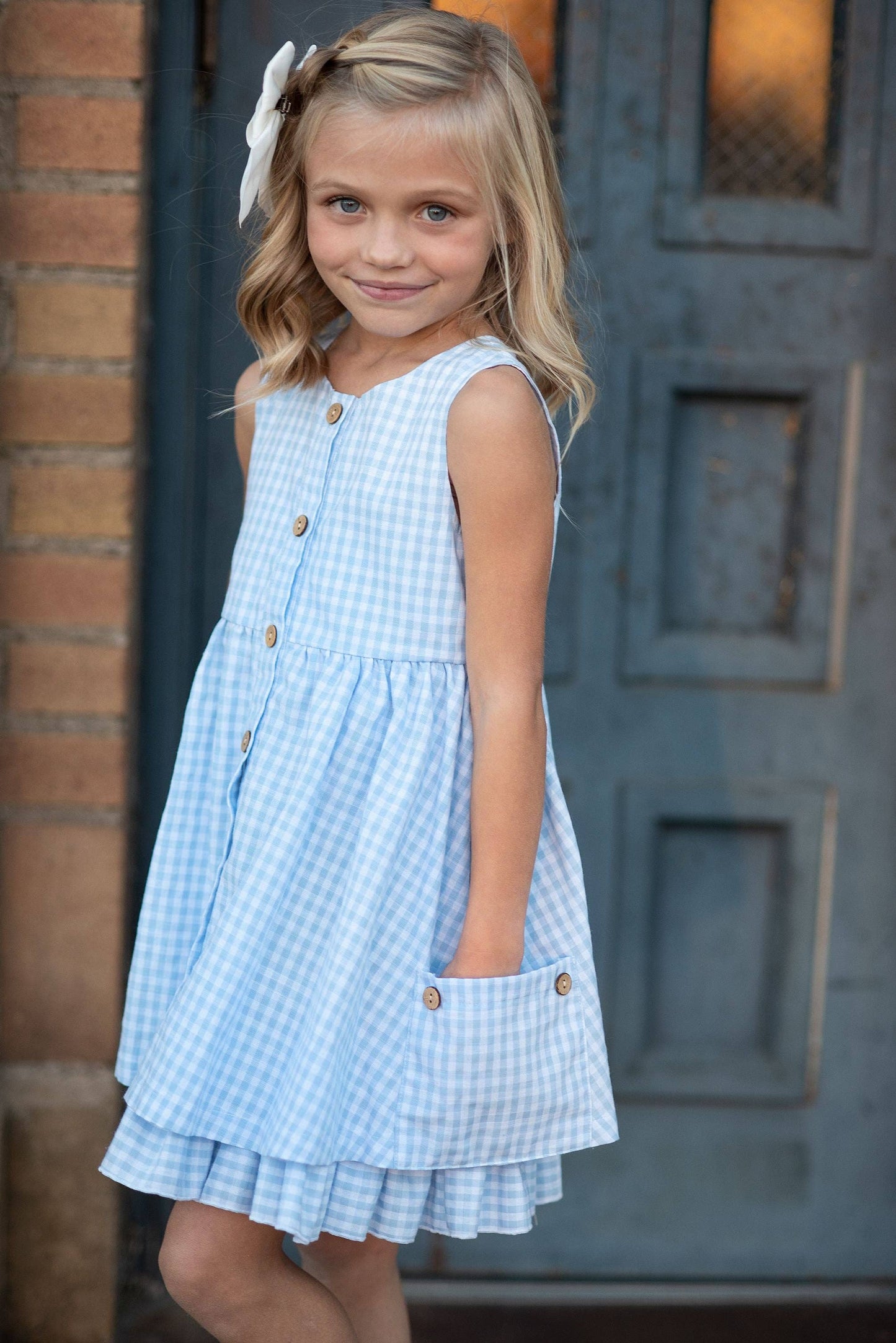Kids Blue & White Gingham Check Pocket Dress