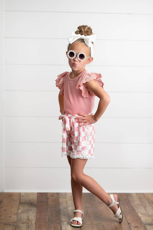 Girls Pink Lace Checkered Ruffle Short Set