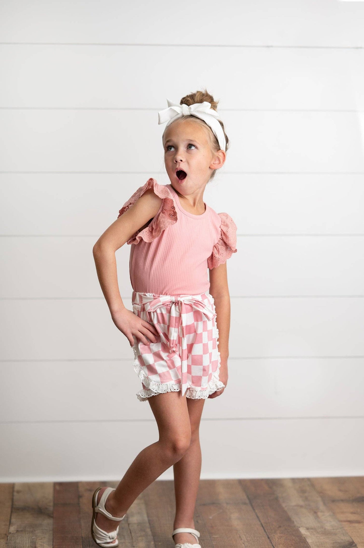Girls Pink Lace Checkered Ruffle Short Set