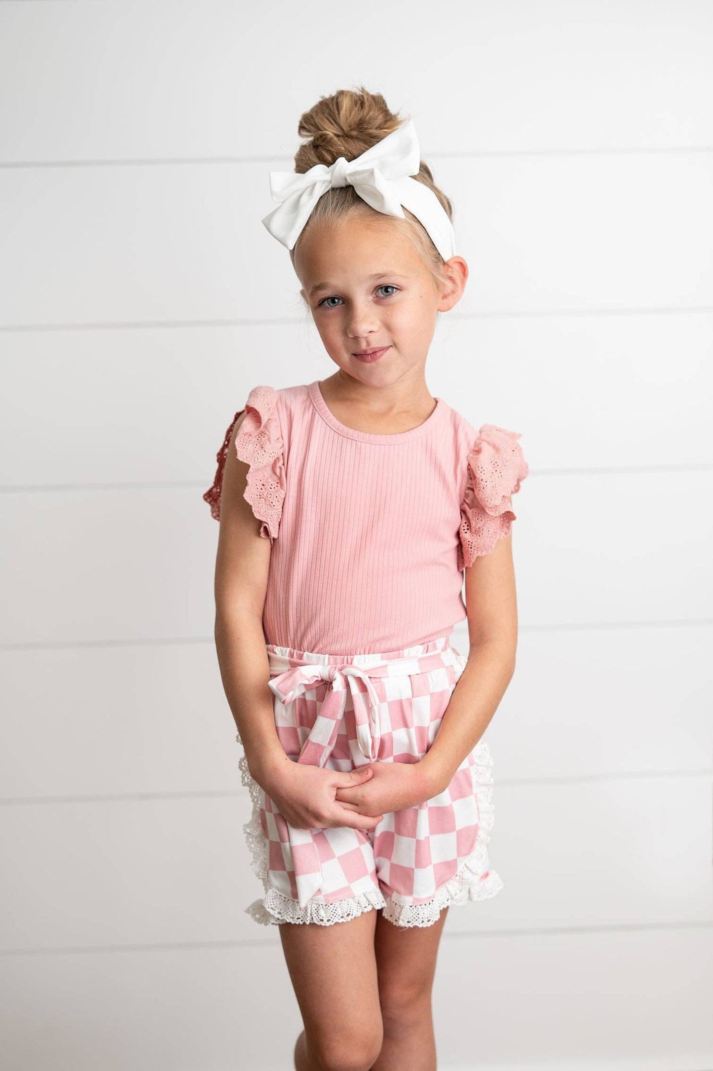Girls Pink Lace Checkered Ruffle Short Set