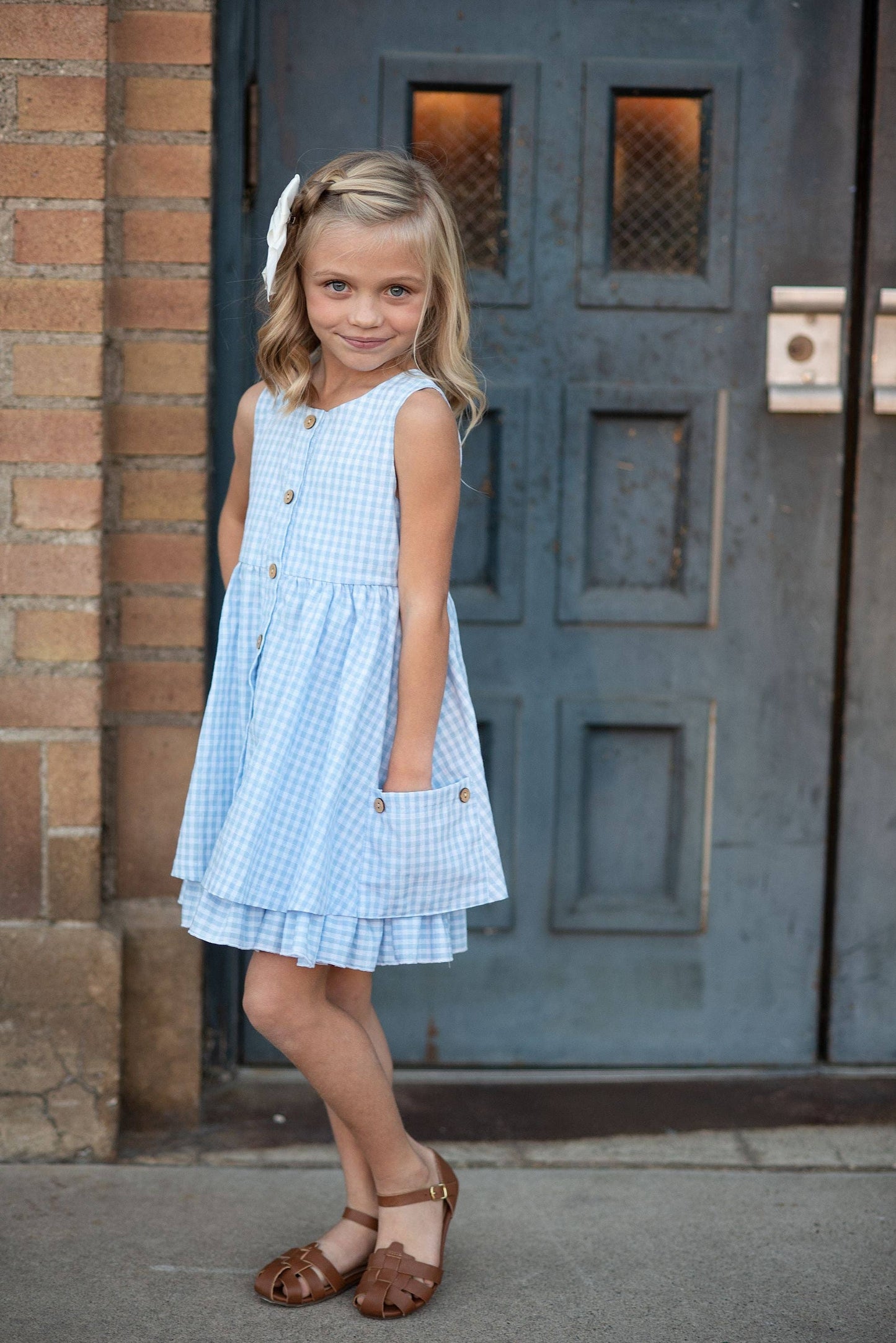 Kids Blue & White Gingham Check Pocket Dress
