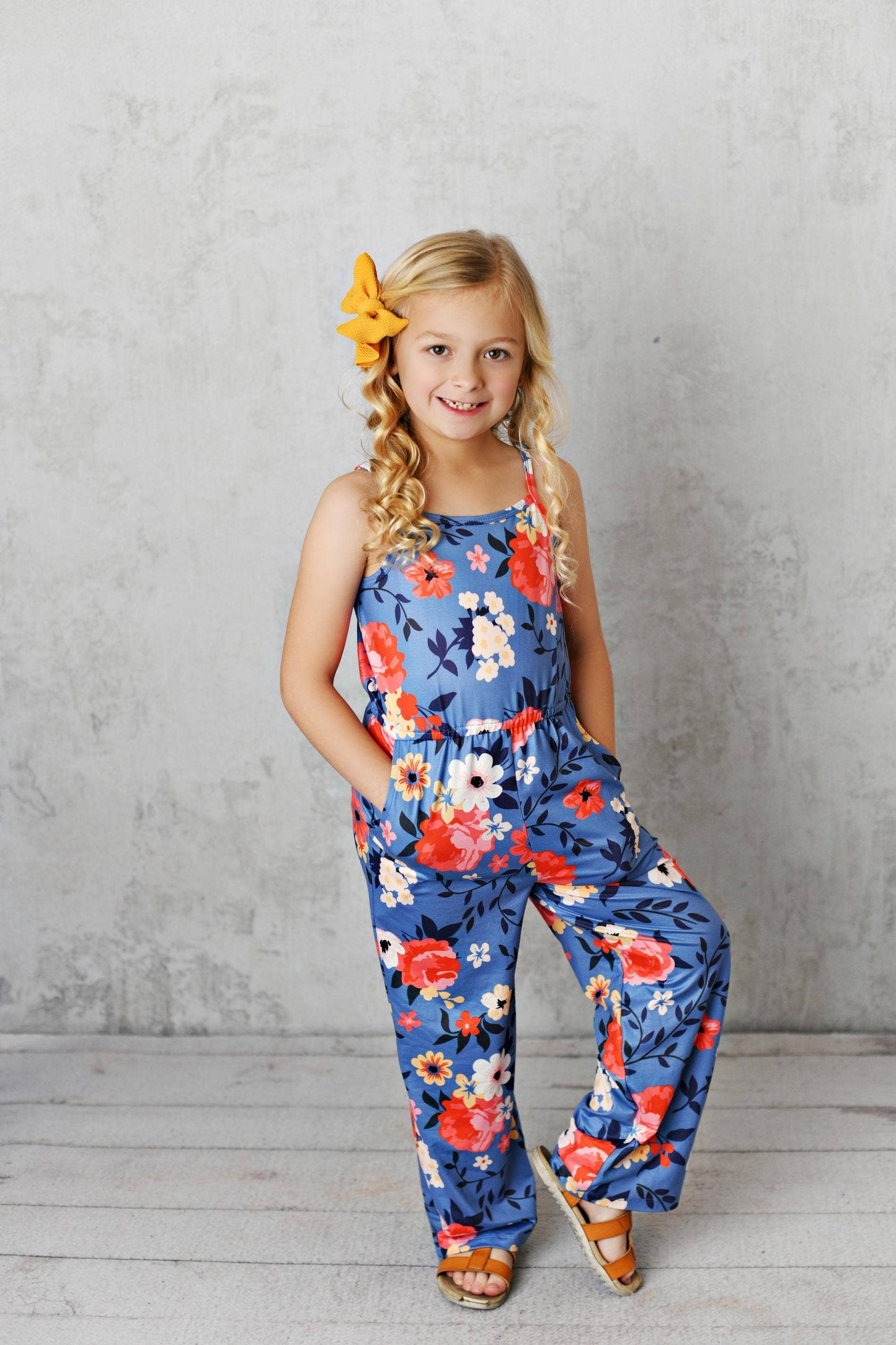 Kids Blue & Coral Floral Spring Summer Jumpsuit With Pockets