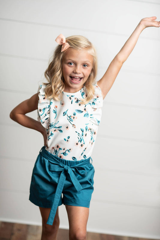 Kids White & Teal Floral Short Set