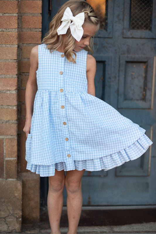 Kids Blue & White Gingham Check Pocket Dress