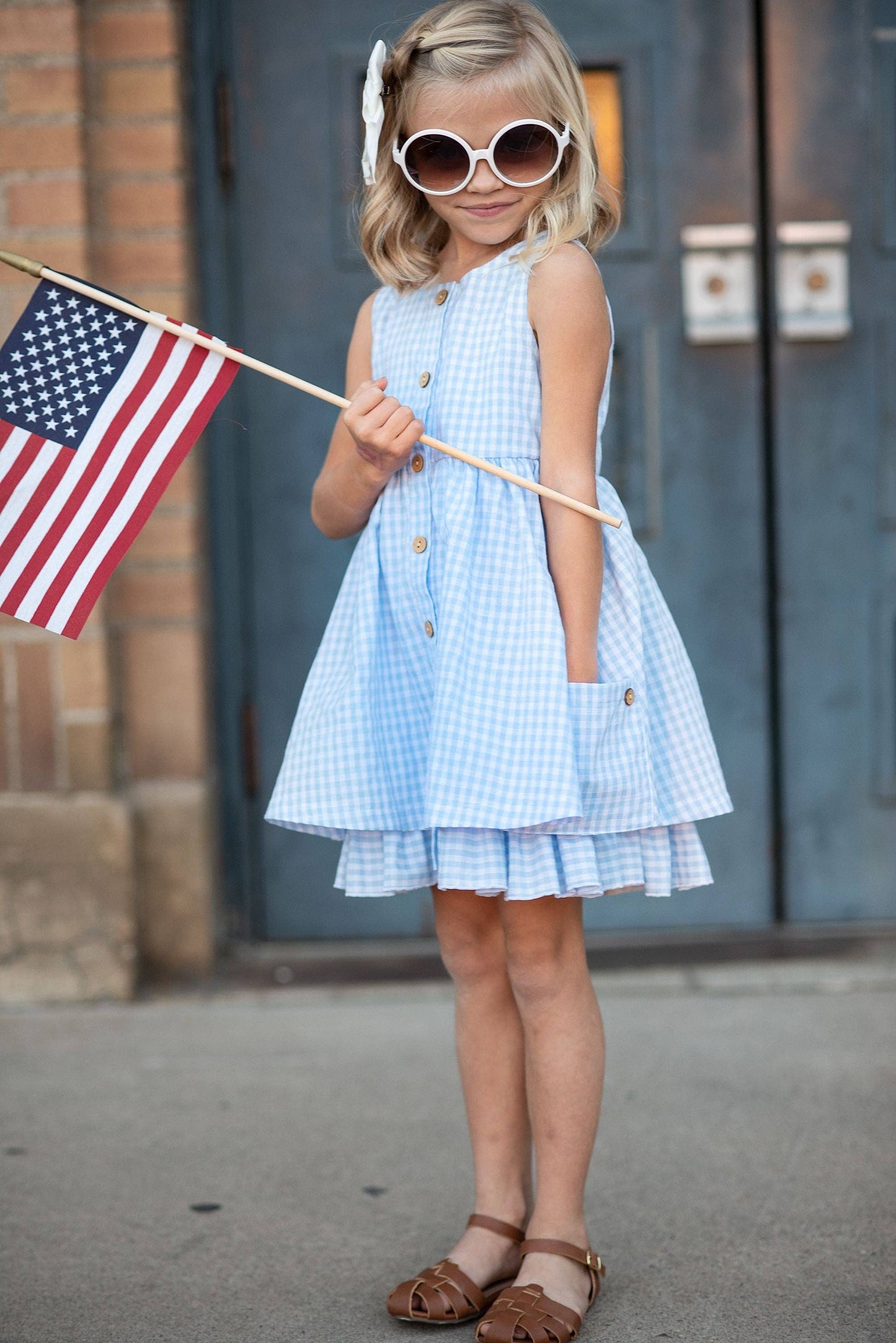 Kids Blue & White Gingham Check Pocket Dress