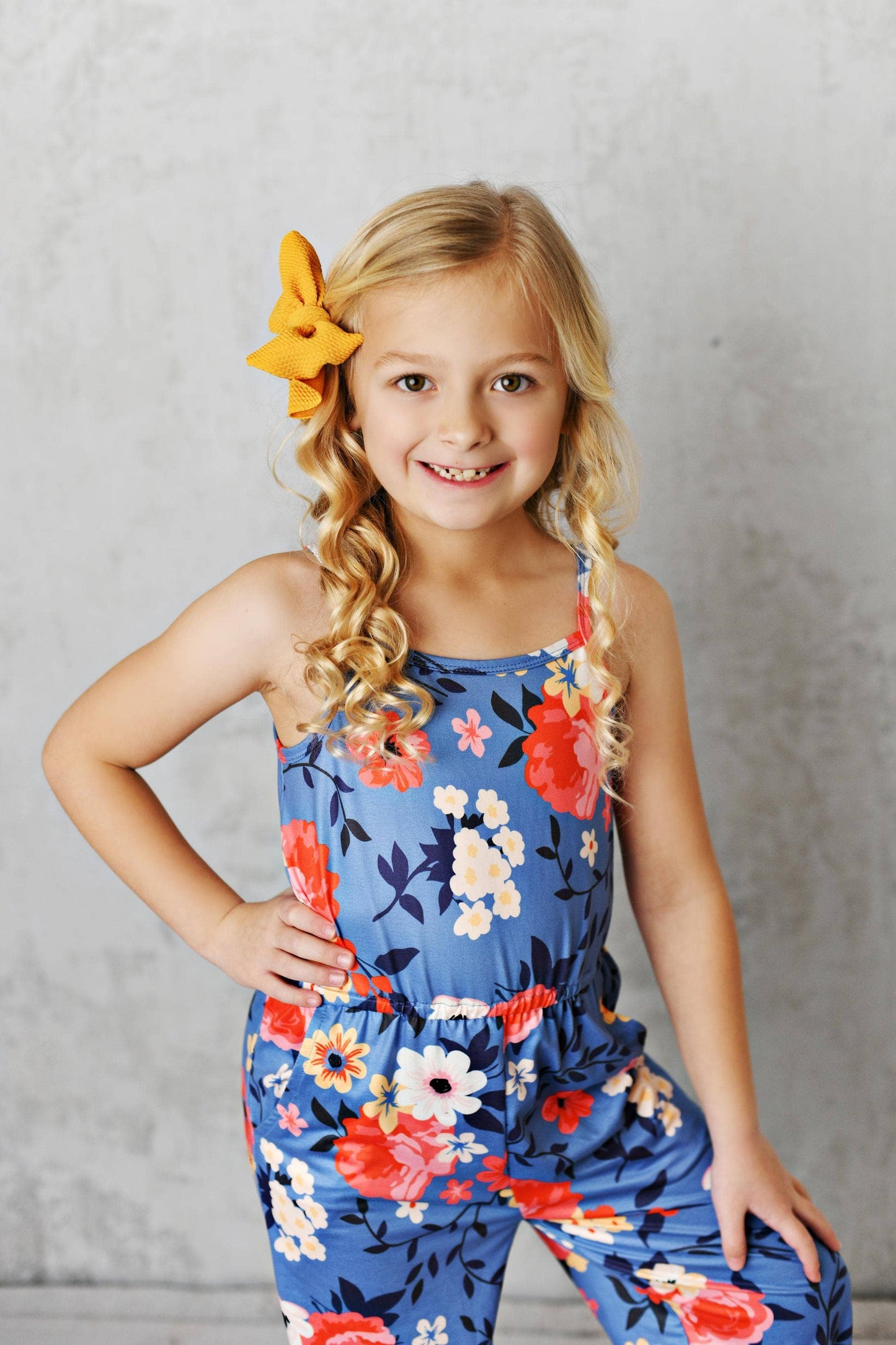 Kids Blue & Coral Floral Spring Summer Jumpsuit With Pockets