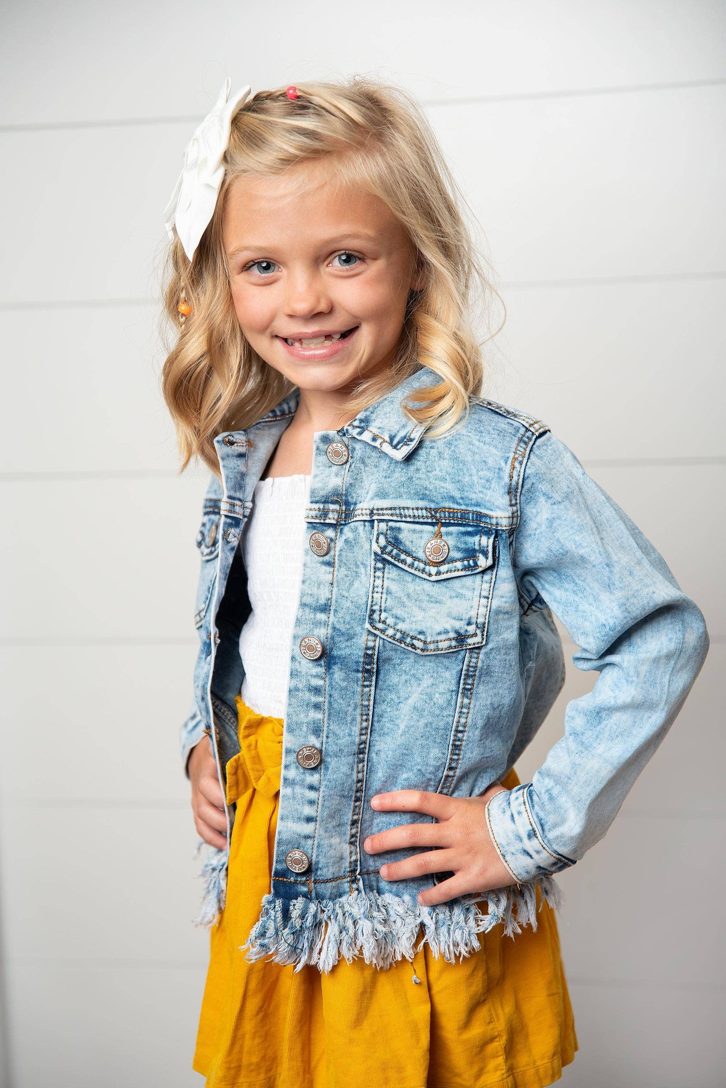 Kids Light Wash Faded Denim Fringe Jacket