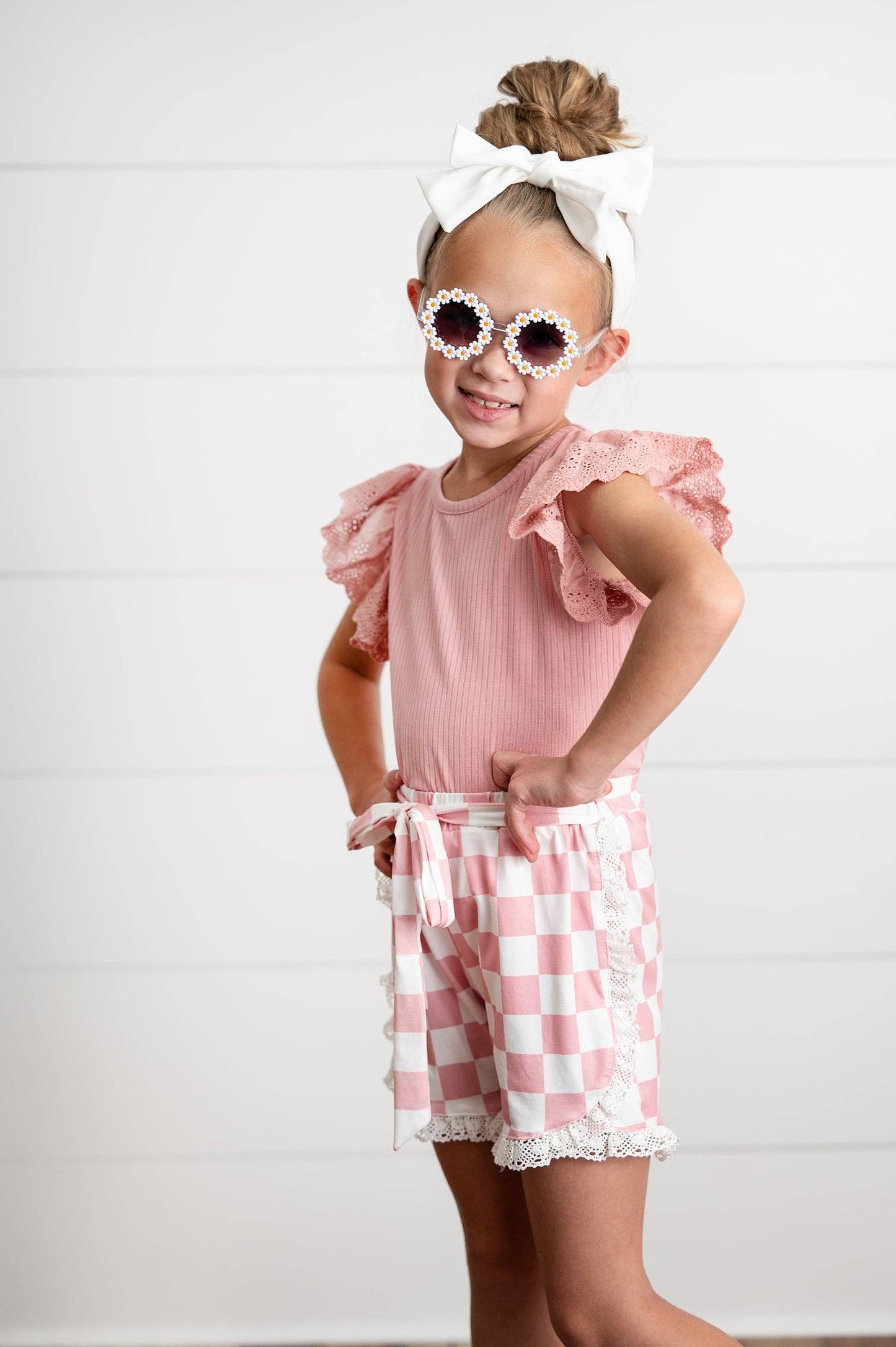 Girls Pink Lace Checkered Ruffle Short Set