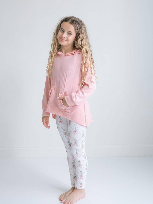 Girls Pink Ruffle Hi Lo Hoodie & Coquette Bow Legging Set