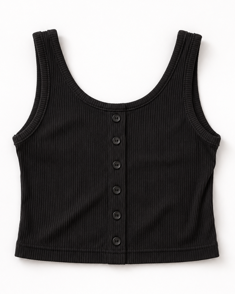 Josie Button Front Ribbed Tank - Black