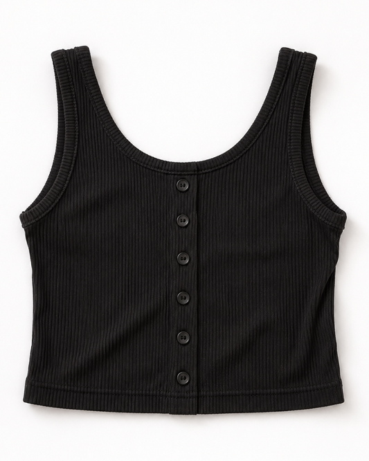 Josie Button Front Ribbed Tank - Black