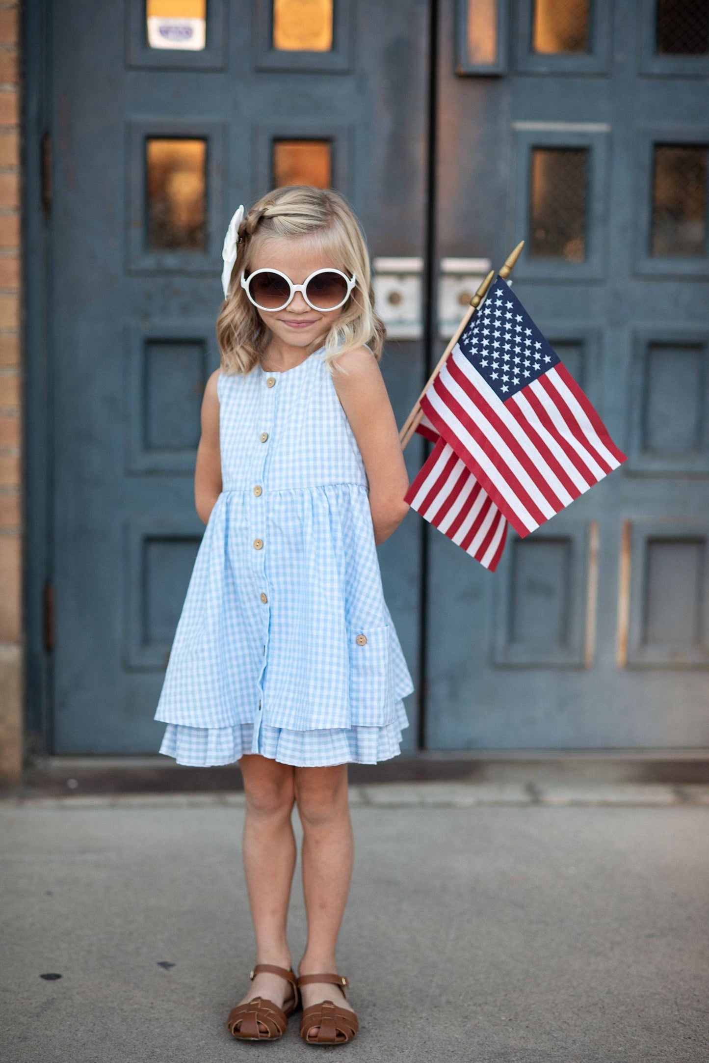 Kids Blue & White Gingham Check Pocket Dress